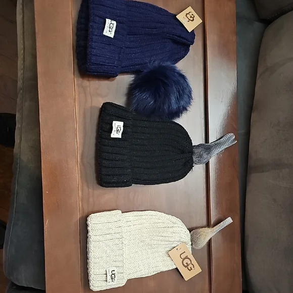 3 UGG Knit Beanie Trio - Navy, Black, Cream - Picture 1 of 14